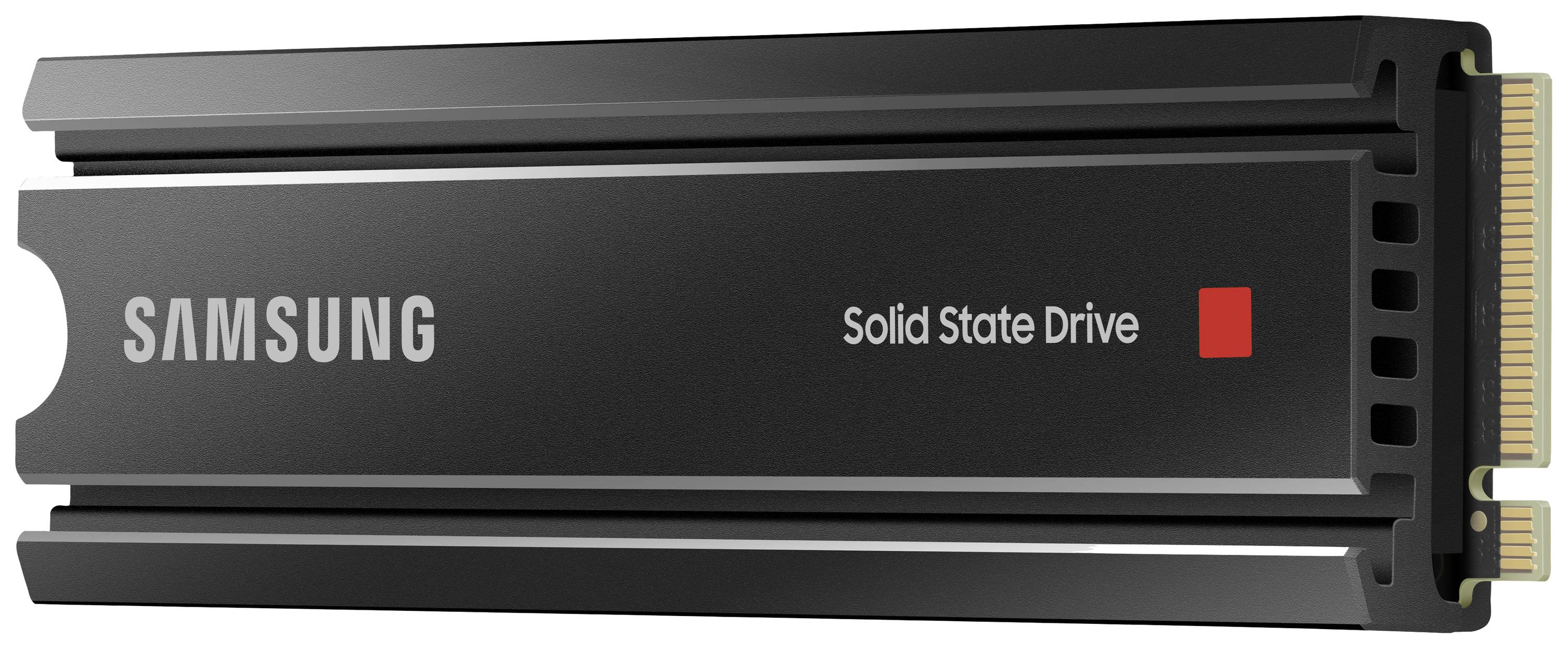 Externe Samsung Solid State Drive mit schwarzem Gehäuse und rotem Quadrat, seitlich verlaufender goldener Anschluss.