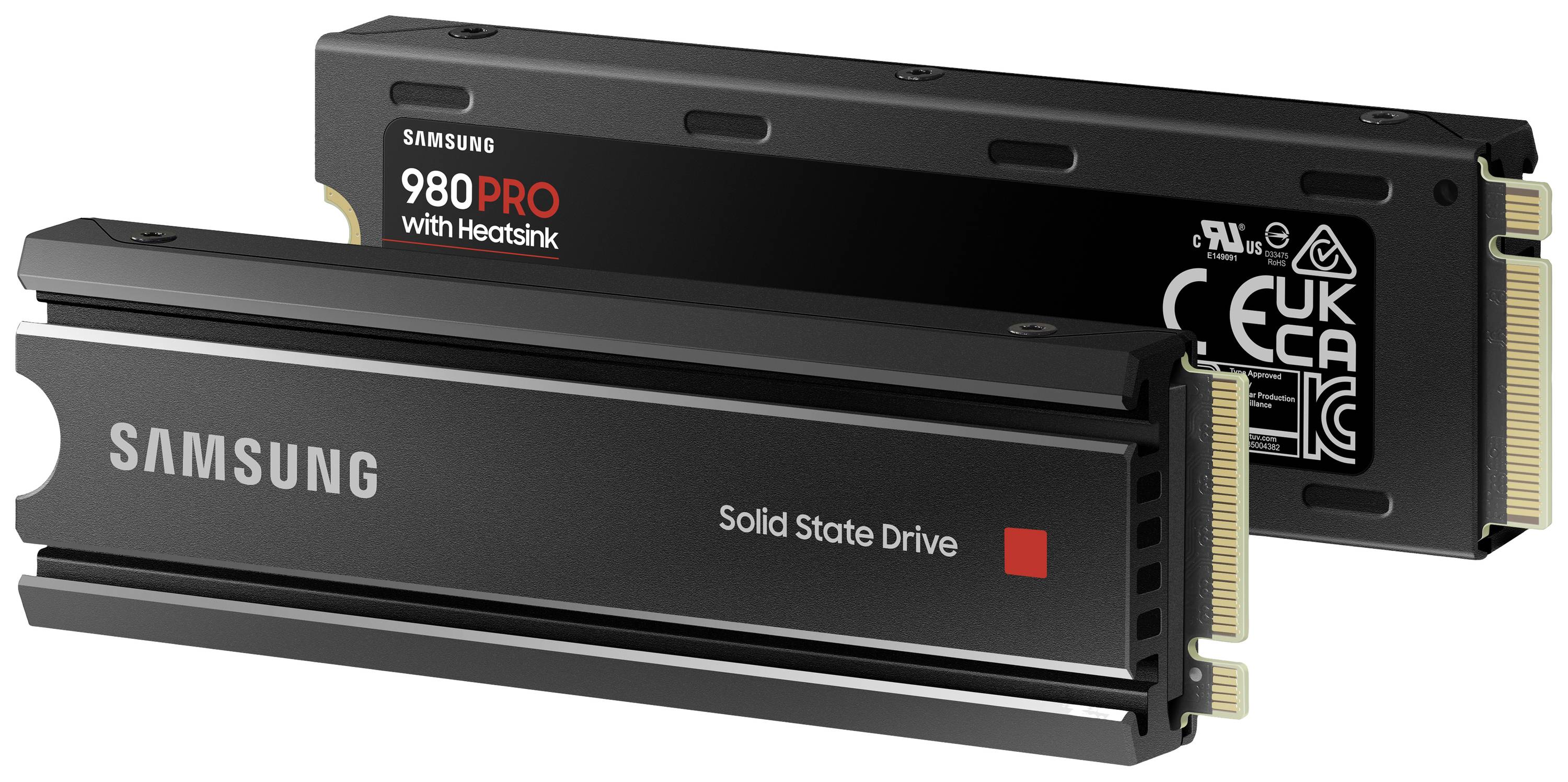 Zwei Samsung Solid State Drives (SSDs), Modell 980 PRO mit Kühlkörper, nebeneinander dargestellt. Beide zeigen das Markenzeichen und technische Spezifikationen.