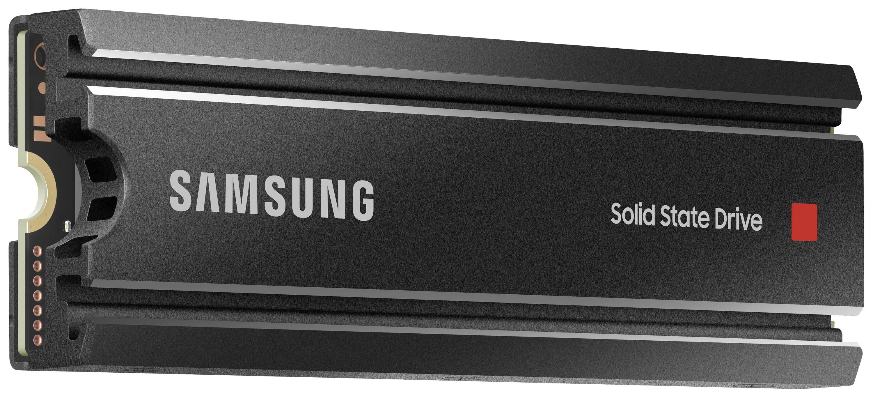 Schwarze Samsung SSD mit Kühlkörper, seitliche Ansicht; Markenname und 'Solid State Drive' in Weiß auf der Oberfläche.