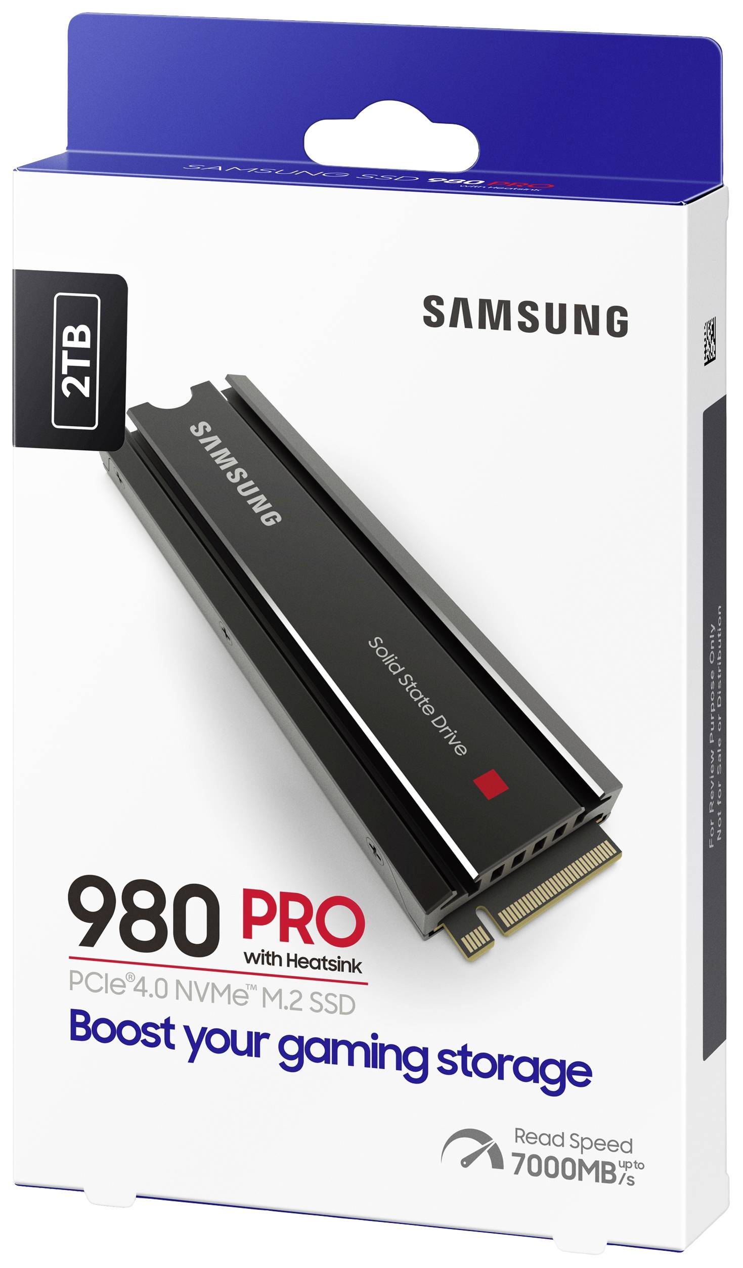 'Samsung 980 PRO PCIe 4.0 NVMe M.2 SSD' mit 2 TB Speicherkapazität in der Verpackung, beworben mit 'Boost your gaming storage'.
