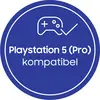 Ein blauer Kreis mit einem Controller-Symbol und der Aufschrift 'Playstation 5 (Pro) kompatibel'.