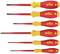 Sechs Schraubendreher mit roten und gelben Griffen, alle mit der Aufschrift 'wiha'. Die Köpfe variieren in Größe und Form.