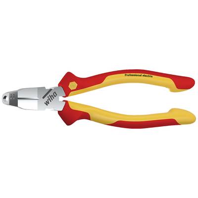Eine isolierte Kombizange mit rotem und gelbem Griff, auf der 'Professional electric' steht. Markierung 'Wiha' auf der Zange.