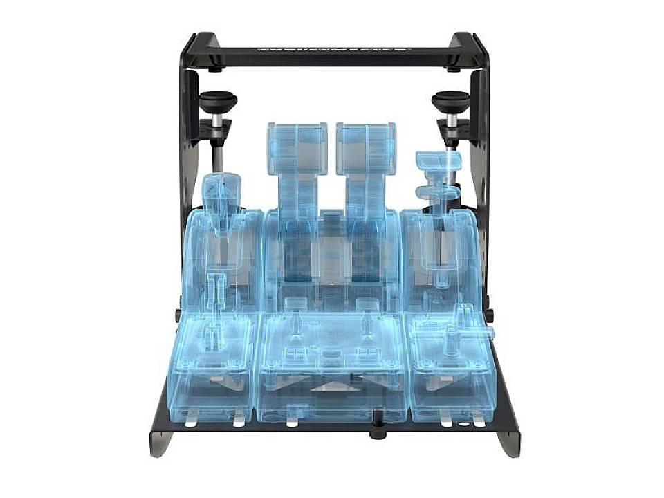 Ein transparenter blauer Modell-3D-Drucker mit mehreren Komponenten, dargestellt auf einem schwarzen Rahmen.