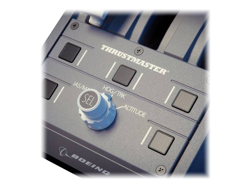 Das Bild zeigt ein Thrustmaster-Bedienfeld mit Tasten und einem Drehknopf, verwendet für Flugsimulationen. 