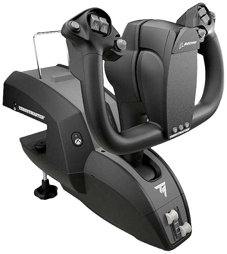 Ein schwarzer Flugzeug-Joystick mit mehreren Steuerhebeln und Knöpfen, geeignet für Flugsimulationen am Computer.