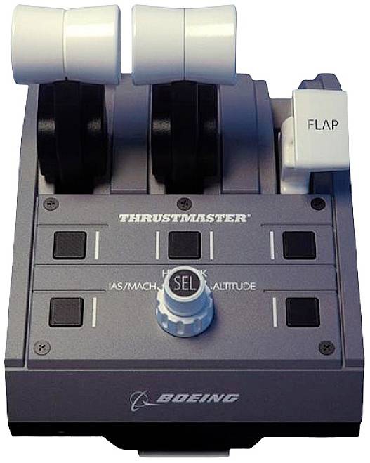 Flugsteuerungsmodul mit Hebeln und 'FLAP'-Taste, genutzt für Flugsimulationen von 'Thrustmaster' und 'Boeing'.