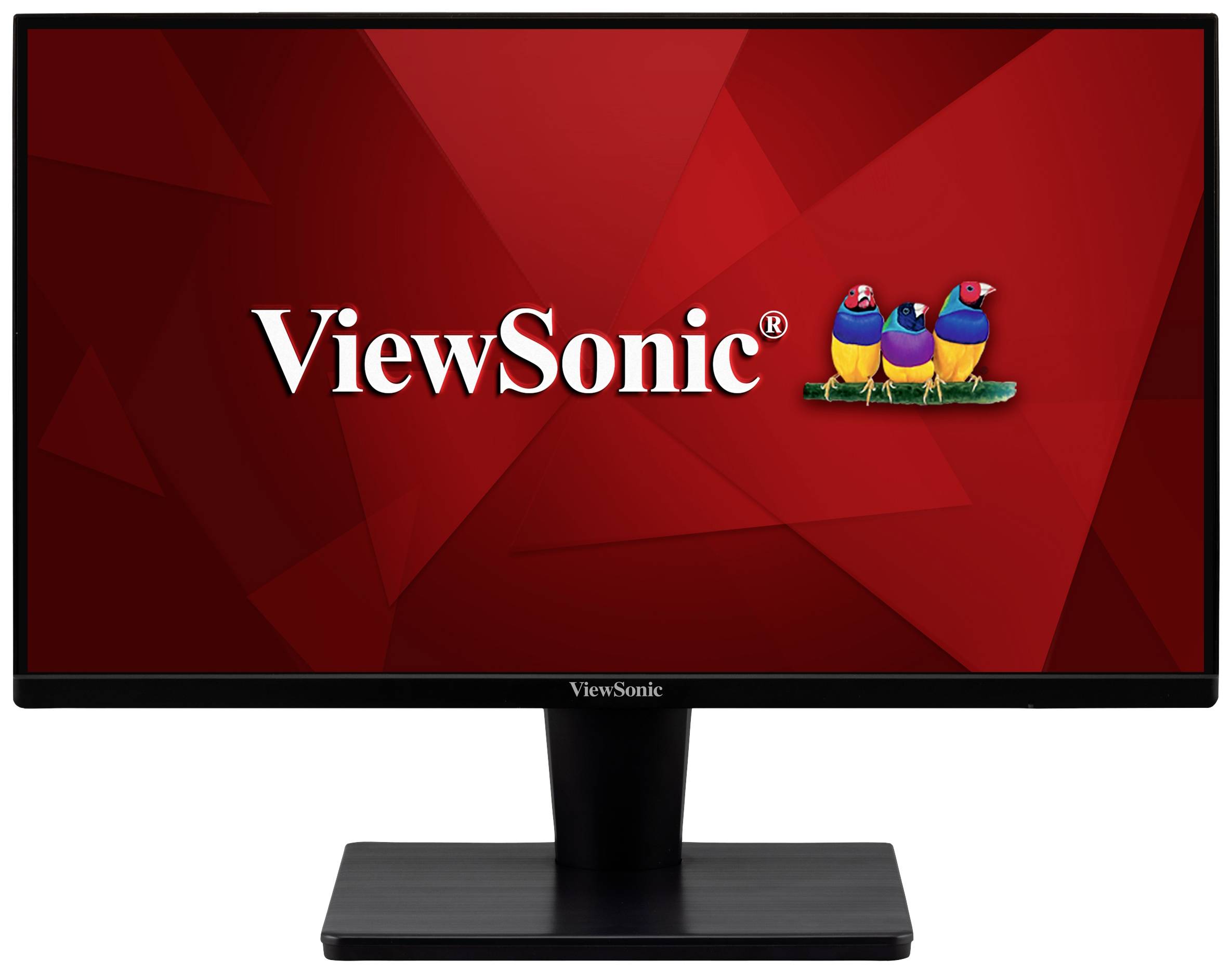 Ein Monitor der Marke ViewSonic mit rotem Hintergrund und buntem Vogel-Logo.