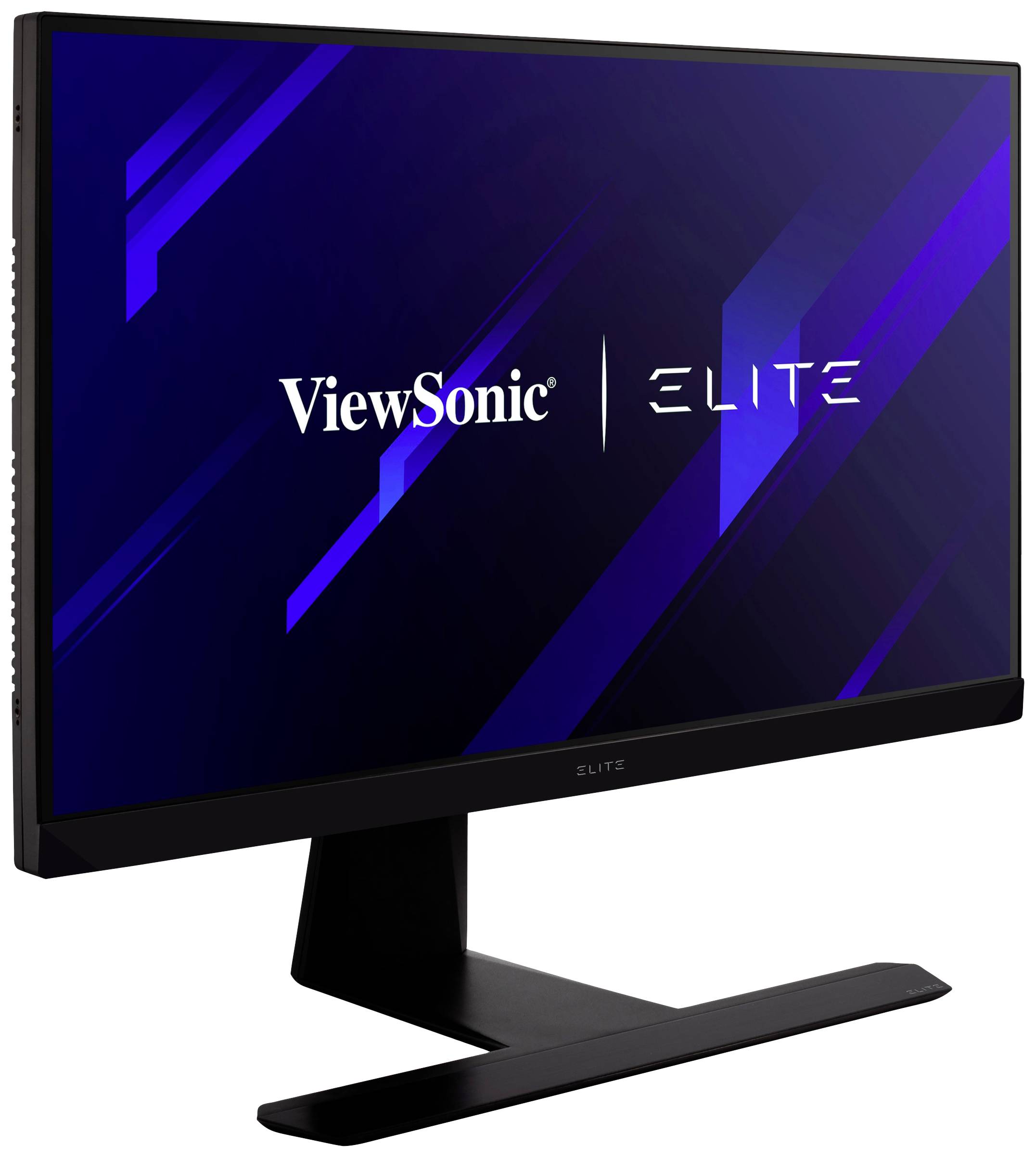Ein Monitor der Marke ViewSonic Elite, schwarz, mit einem schlichten, modernen Design und blauen grafischen Akzenten auf dem Bildschirm.