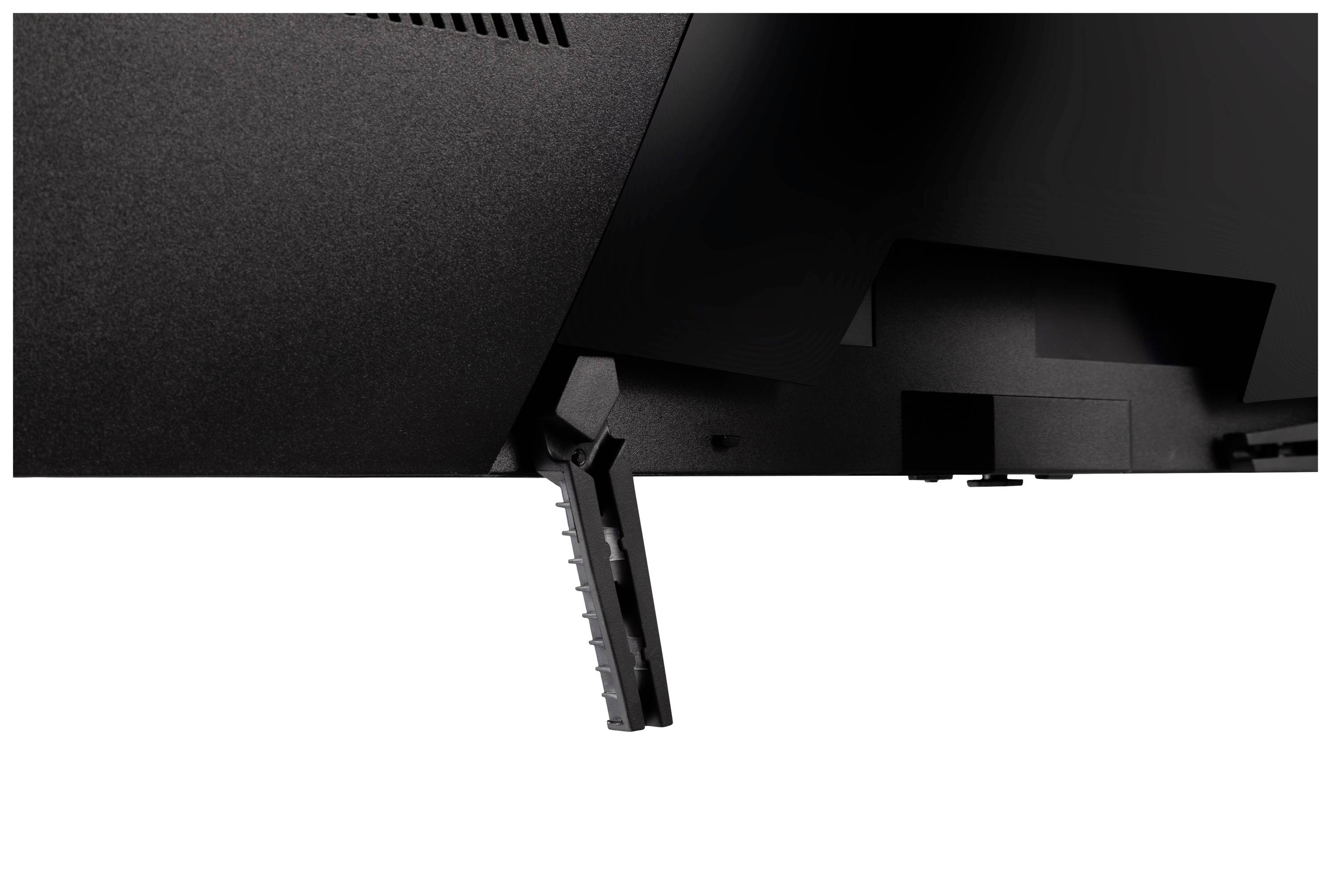 Teil eines schwarzen Monitors mit einem flexiblen, abgewinkelten Standfuß, der Stabilität bietet.