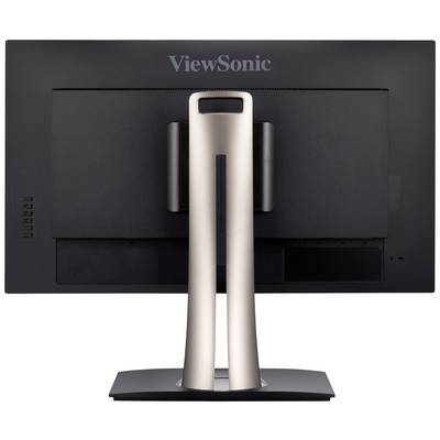 Rückansicht eines schwarzen ViewSonic-Monitors mit silbernem Standfuß, zeigt Kabelanschlüsse und Halterung.