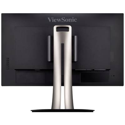 Der Monitor von hinten mit schlichtem, silbernem Standfuß. Die Marke 'ViewSonic' ist oben zu sehen.