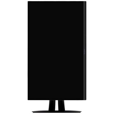 Ein Monitor im Hochformatmodus, vollständig ausgeschaltet, auf einem schwarzen Standfuß.