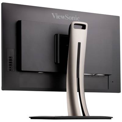 Rückansicht eines schwarzen ViewSonic Monitors mit einem eleganten, gebogenen Standfuß.