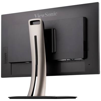 Rückseite eines schwarzen Monitors mit stabilem Standfuß. Darauf der Markenname 'ViewSonic'.