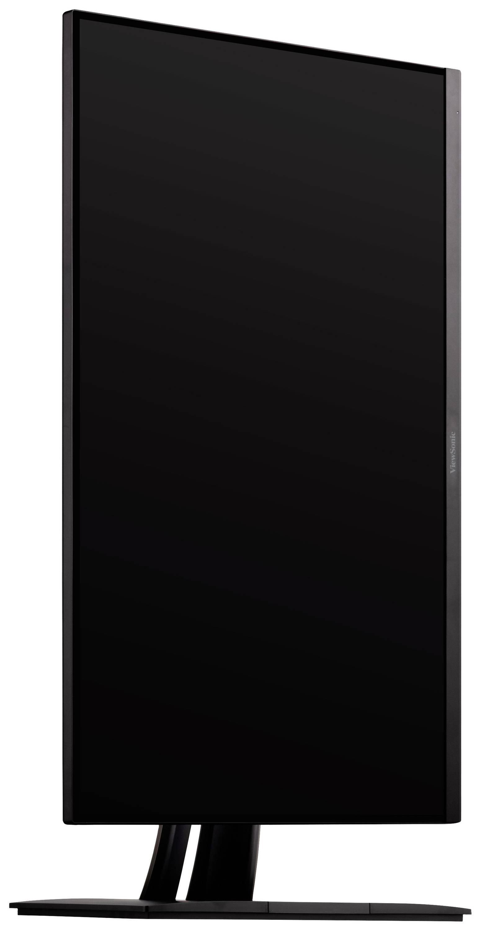 Ein Hochformat-Monitor mit schwarzem Rahmen auf einem Standfuß, vor weißem Hintergrund.