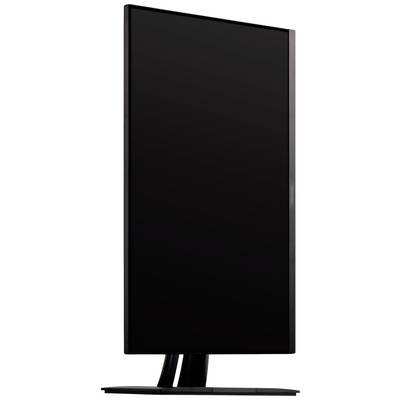 Ein Hochformat-Monitor mit schwarzem Rahmen auf einem Standfuß, vor weißem Hintergrund.