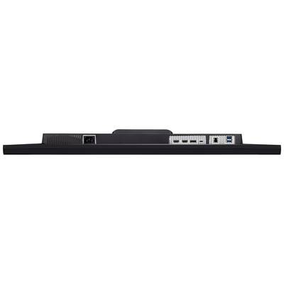 Unterseite eines Monitors mit verschiedenen Anschlüssen, darunter Stromanschluss, HDMI, DisplayPort und USB-Anschlüsse.