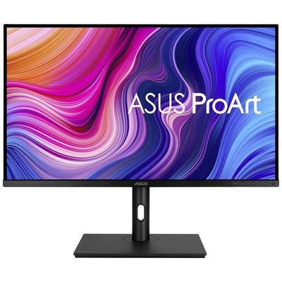 Ein ASUS ProArt Monitor mit leuchtendem, abstraktem Farbmuster auf dem Bildschirm, ideal für kreative Arbeiten und präzise Farbdarstellung.