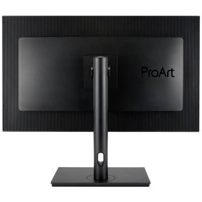Rückansicht eines schwarzen Computer-Monitors auf einem Standfuß mit dem Schriftzug 'ProArt'.