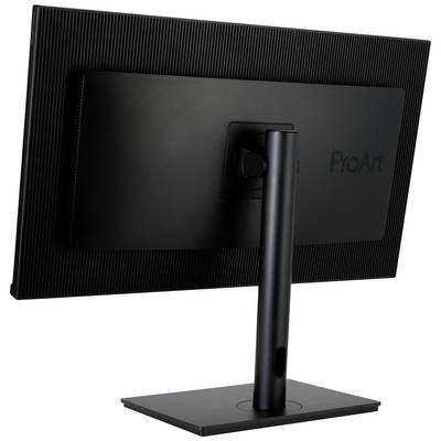 Ein schwarzer Computermonitor mit rechteckigem Standfuß und dem Schriftzug 'ProArt' auf der Rückseite, in einem schlichten Design.