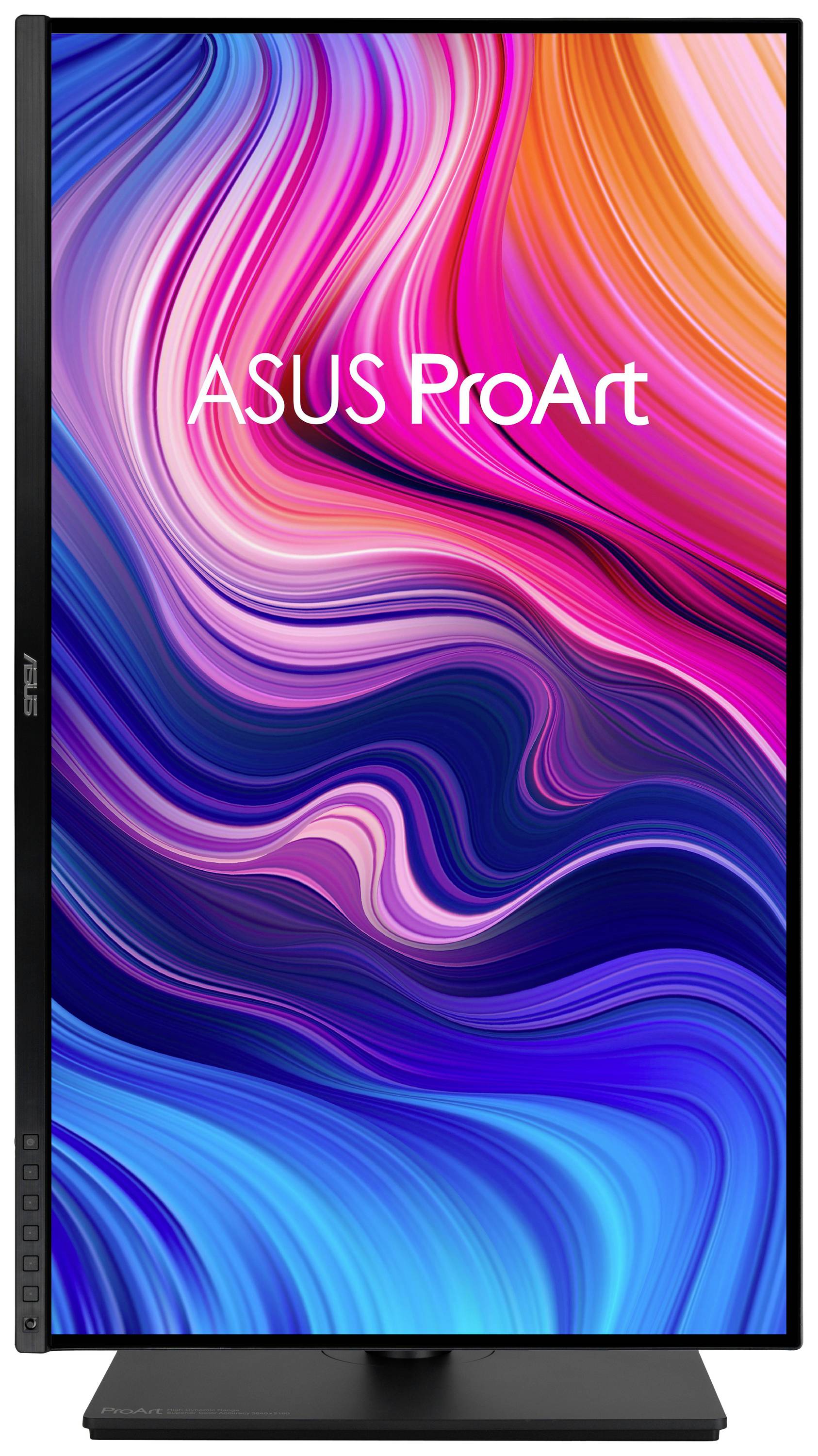 Ein ASUS ProArt Monitor mit leuchtenden Farben wie Pink, Blau und Lila auf dem Display, orientiert im Hochformat.