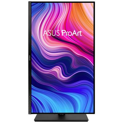 Ein ASUS ProArt Monitor mit leuchtenden Farben wie Pink, Blau und Lila auf dem Display, orientiert im Hochformat.