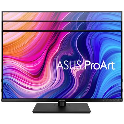 ASUS ProArt-Monitor mit buntem, wellenartigem Hintergrund und hoher Farbintensität. Ideal für kreative Arbeiten und Grafikdesign.