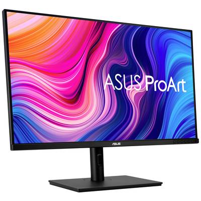 Ein Computerbildschirm zeigt bunte, abstrakte Wellen in Rot, Blau und Pink mit dem Text 'ASUS ProArt' in der Mitte des Bildes.