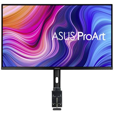 Ein ASUS ProArt Monitor mit buntem, wellenartigem Hintergrund; montiert auf einem flexiblen Halterungsarm.
