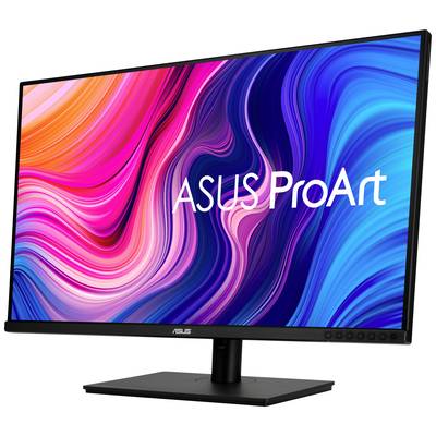 Ein ASUS ProArt Monitor mit einem lebendigen, wellenförmigen, bunten Hintergrundmuster auf dem Bildschirm.