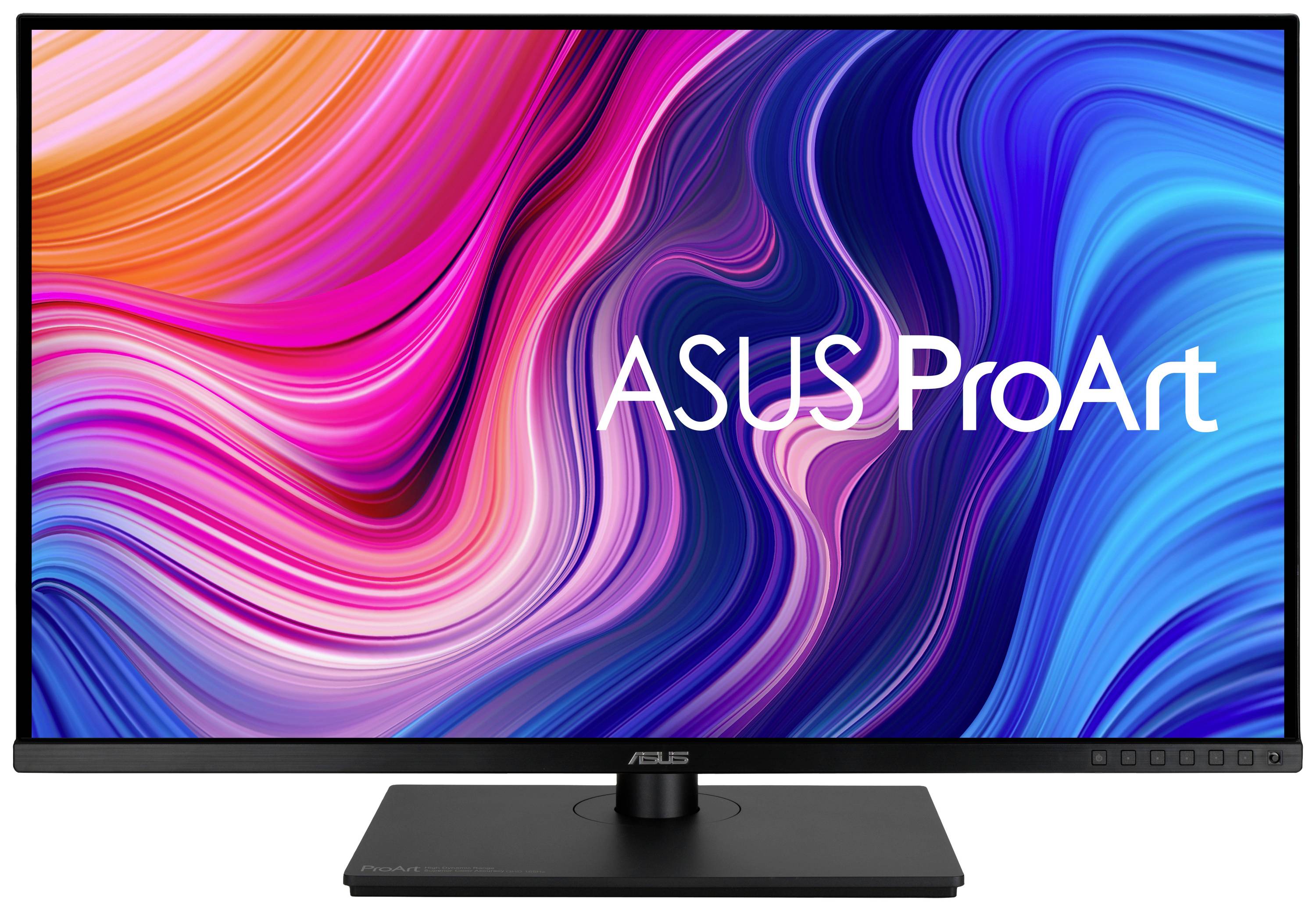 Ein Monitor der Marke ASUS ProArt mit lebhaften, strudelartigen Farbmuster im Hintergrund.
