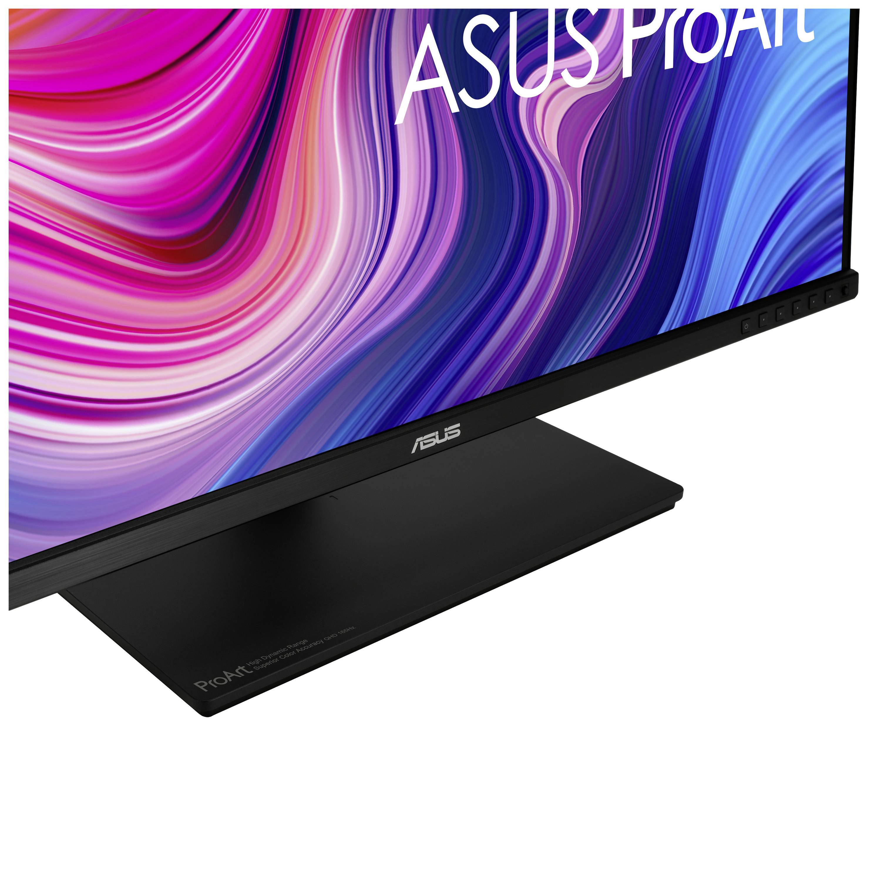 Ein ASUS ProArt Monitor mit buntem abstraktem Hintergrund. Der Bildschirm zeigt fließende Farben in Pink, Lila und Blau.