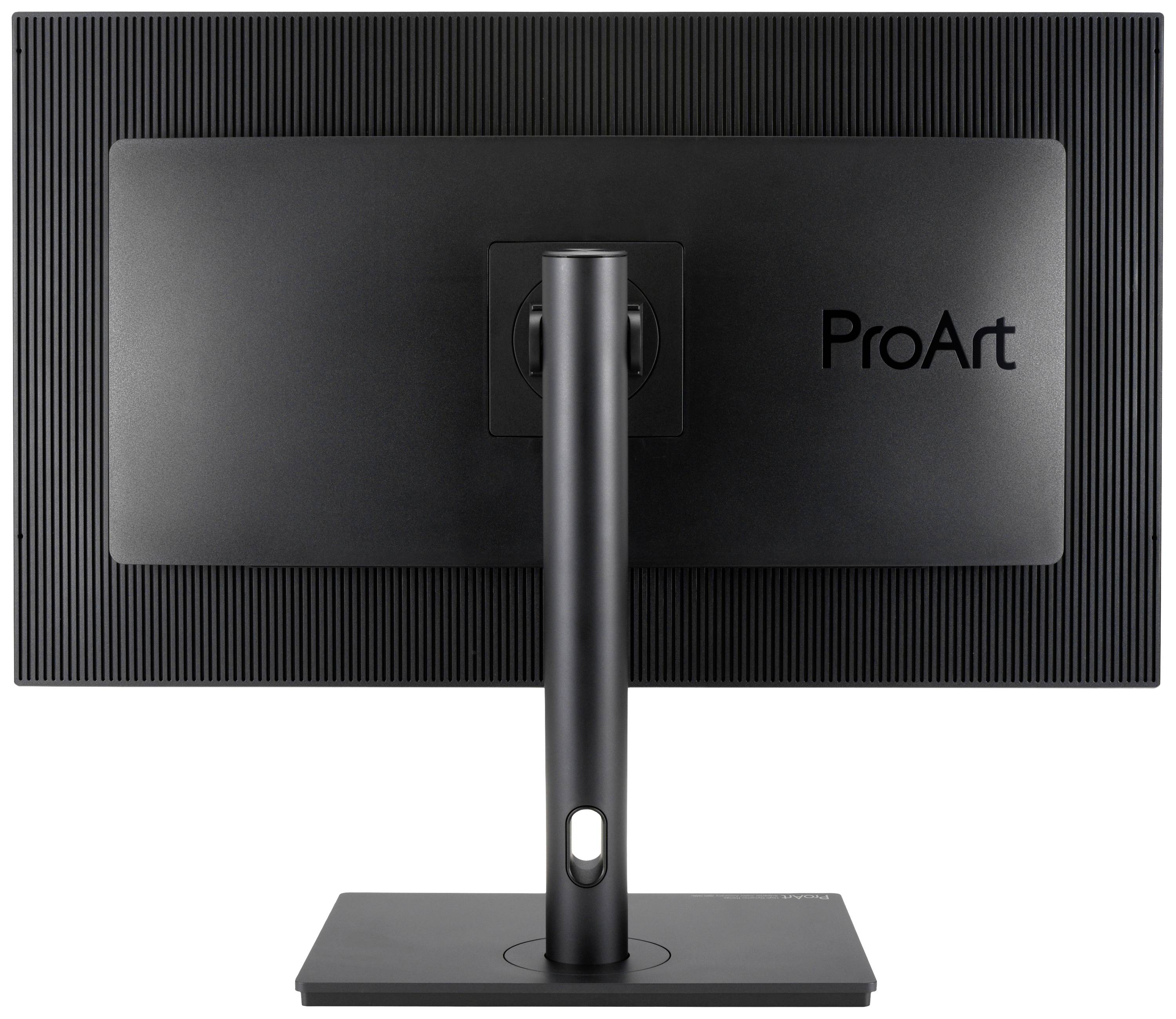 Ein Monitor von hinten gezeigt, mit der Aufschrift 'ProArt' auf der Rückseite. Der Standfuß ist schlank und stabil.