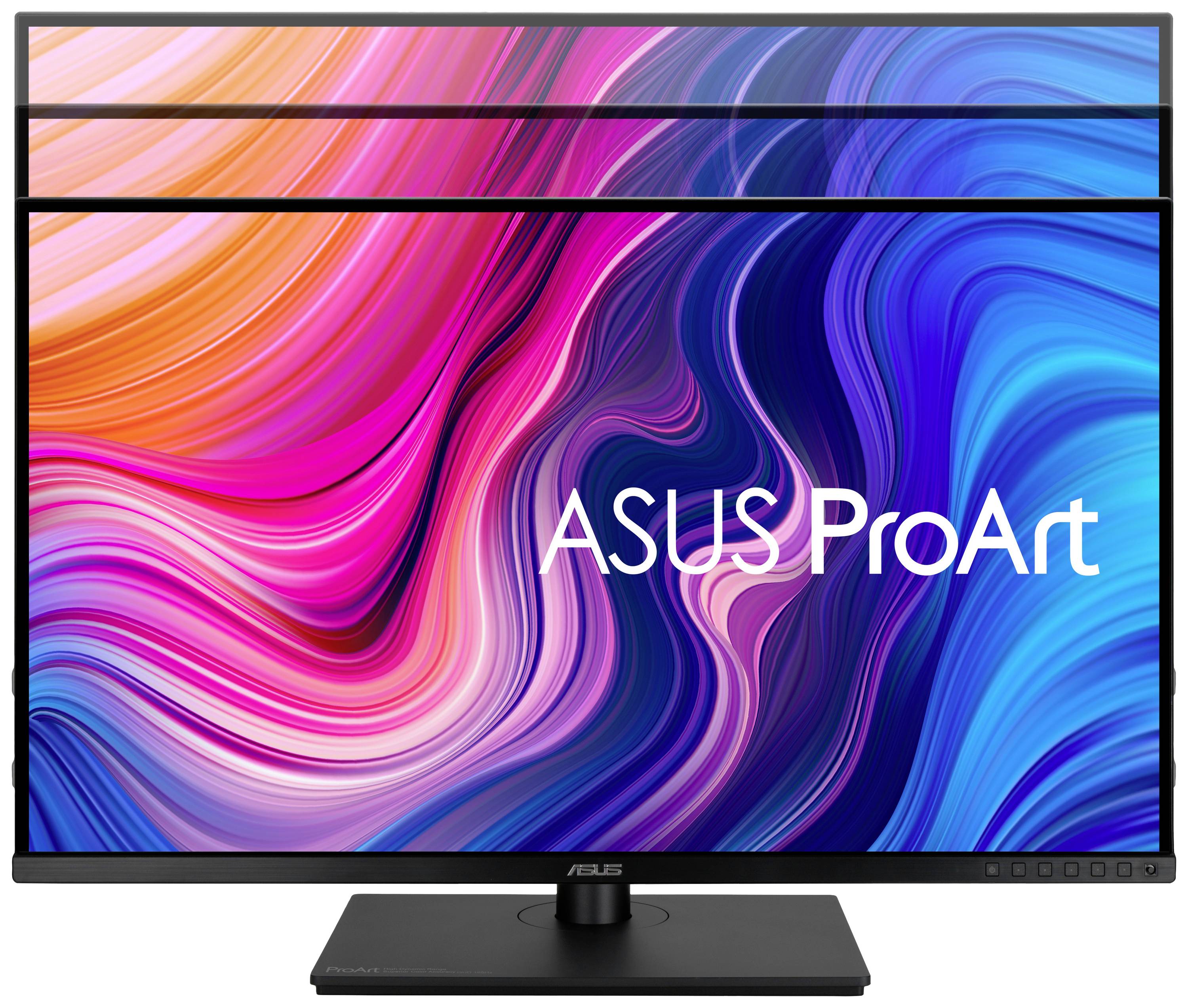 Ein ASUS ProArt Monitor zeigt ein buntes, abstraktes Hintergrundbild mit fließenden Linien in Pink, Blau und Lila. Der Markenname ist zentral platziert.