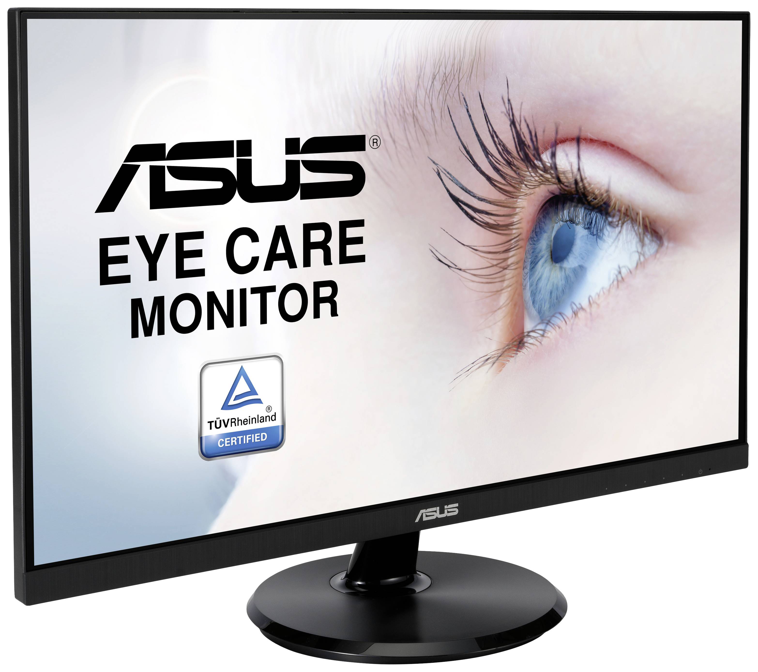 Ein ASUS-Monitor mit einem großen blauen Auge auf dem Bildschirm, daneben der Text 'ASUS Eye Care Monitor' und das TÜV Rheinland Zertifikat.