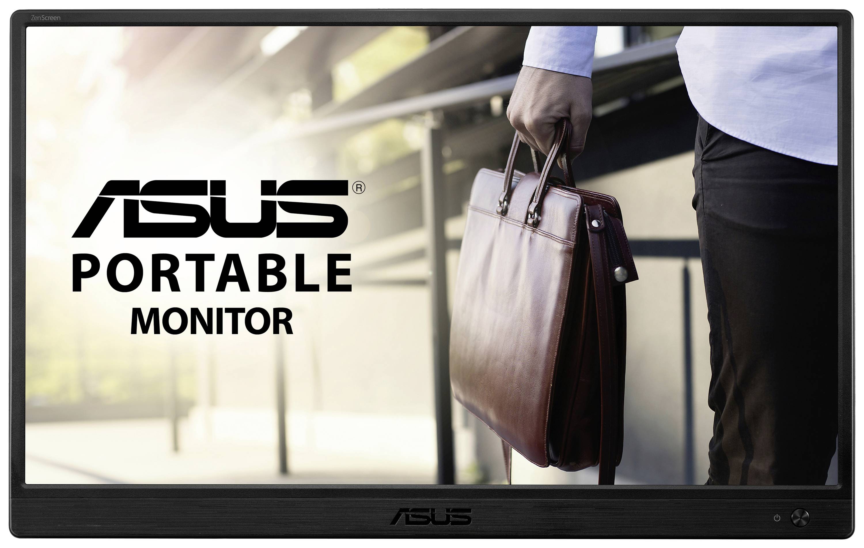 Ein tragbarer Monitor von Asus wird gezeigt, mit einer Person, die eine Ledertasche hält. Der Monitor befindet sich in einem städtischen Umfeld.