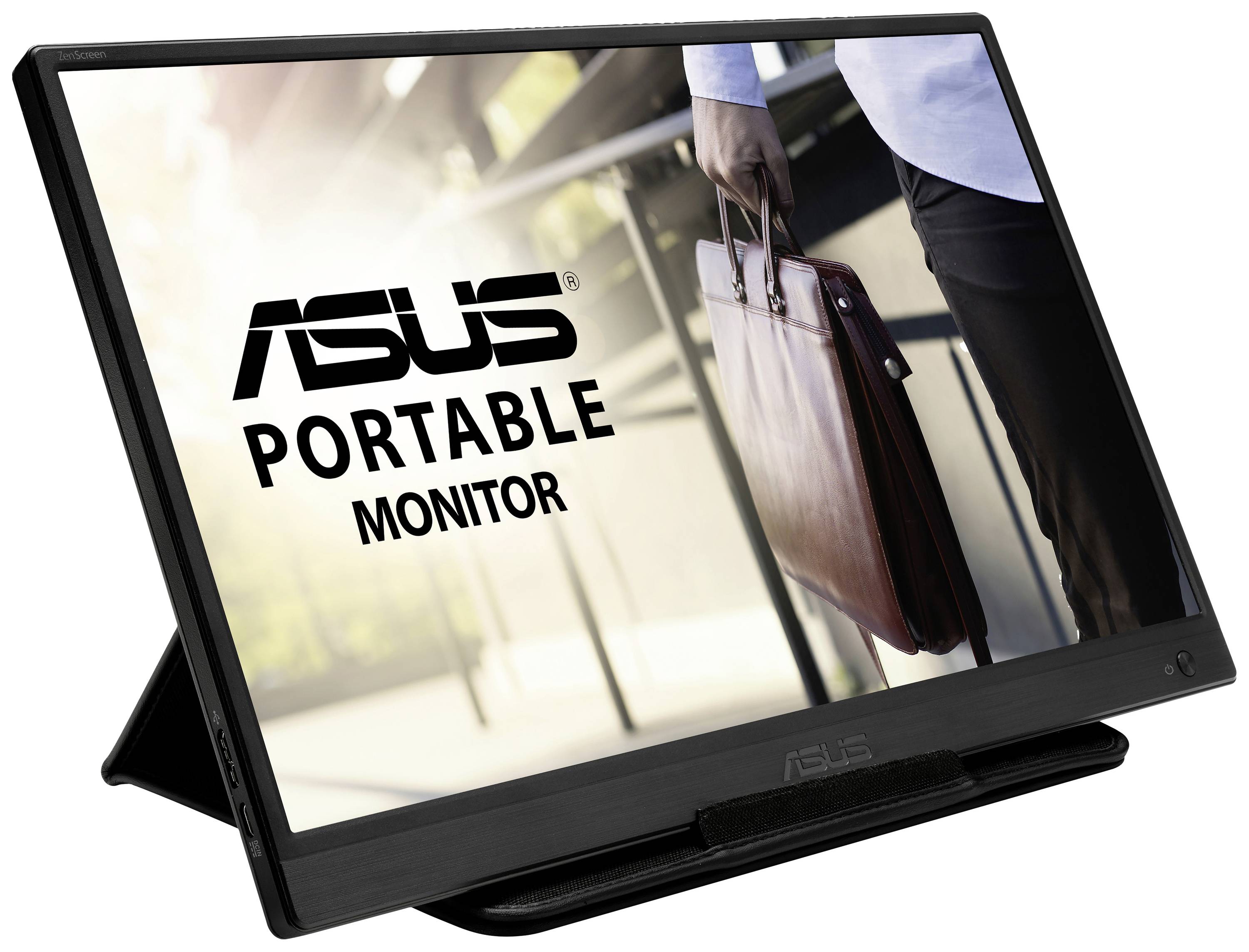 Ein tragbarer ASUS-Monitor wird gezeigt. Im Hintergrund hält eine Person eine Aktentasche.