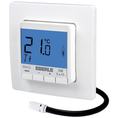 Ein digitales Thermostat zeigt '21°C' auf blauem Display. Das Gerät hat Tasten für Menü, OK, sowie Temperaturregelung.
