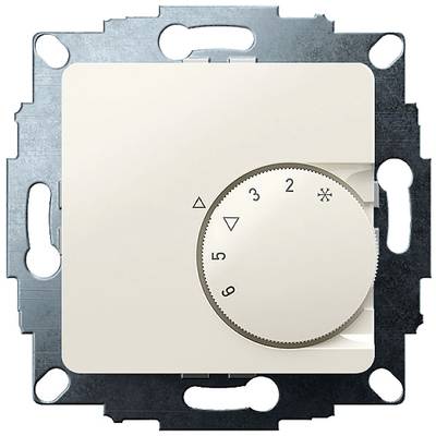 Ein weißer Thermostat mit einem Drehregler, der Stufen von 1 bis 6 zeigt. Ein Schneeflockensymbol weist auf eine Kühlfunktion hin.