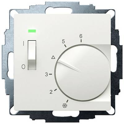 Ein weißer Thermostat mit Drehknopf von 1 bis 6 und Kippschalter mit grünem Licht für Ein/Aus-Einstellungen.