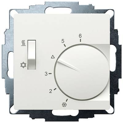 Ein weißes Thermostat mit Drehregler und Symbolen zur Temperatureinstellung von kalt bis warm. Es ist auf Stufe 5 eingestellt.
