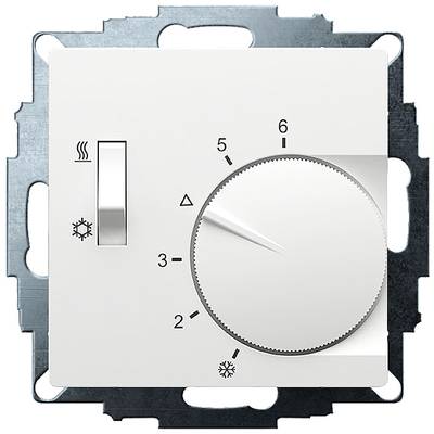 Weißer Thermostat-Regler mit Drehrad von 1 bis 6 für Temperatureinstellung und Schalter für Heizstufen. Symbole für Wärme und Kälte.