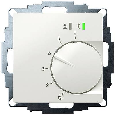 Ein Thermostat mit Drehregler. Er zeigt Symbole für Heizung, Lüftung und Frostschutz. Der Regler steht auf Stufe 6. Ein grünes Licht leuchtet.