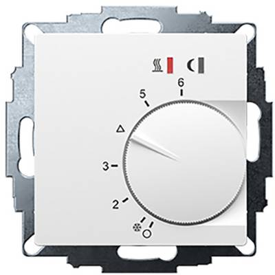 Ein weißer Thermostat mit einem Drehknopf, Zahlen von 1 bis 6 zur Einstellung der Temperatur und Symbolen für Heizung und Lüftung.