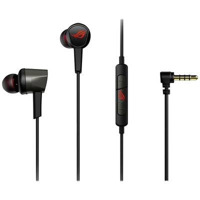 In-Ear-Kopfhörer mit Kabel, schwarzes Design, rote Akzente. Abgebildet sind Ohrhörer, Kabel und Klinkenstecker.