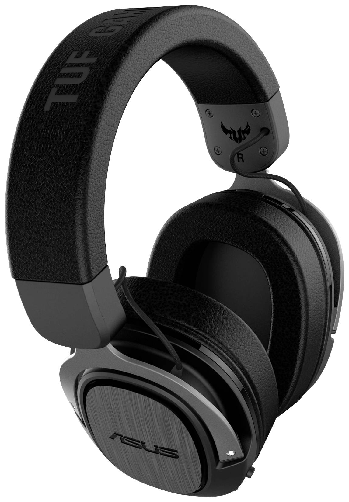 Schwarzes Asus TUF Gaming-Headset mit gepolstertem Kopfbügel und Ohrmuscheln. Geräuschisolierung und integriertes Mikrofon.