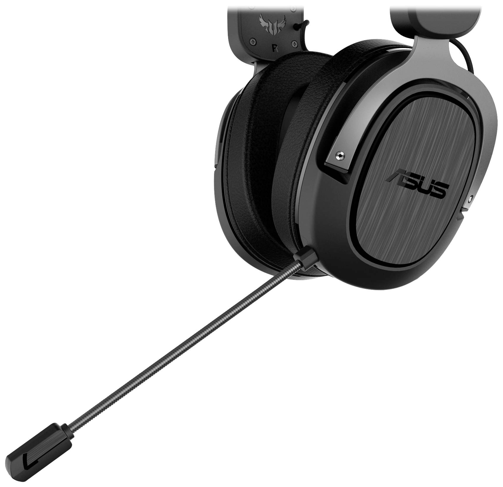 Schwarzes ASUS Headset mit Mikrofonarm. Ergonomisches Design mit bequemen Polstern, geeignet für Gaming und Multimedia-Anwendungen.
