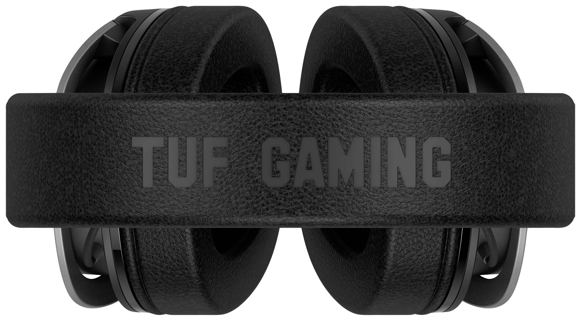 Schwarzes Gaming-Headset mit der Aufschrift 'TUF GAMING' auf dem Bügel. Hochwertiges Design für intensives Spielerlebnis.