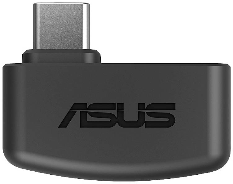 USB-C-Stecker mit schwarzem Gehäuse und 'ASUS'-Schriftzug, geeignet für digitale Verbindungen.